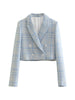 Women Slim Fit Plaid Tweed Short Blazer Retro Lapel Long Sleeves Double Breasted Female Outerwear Chic Top Mujer