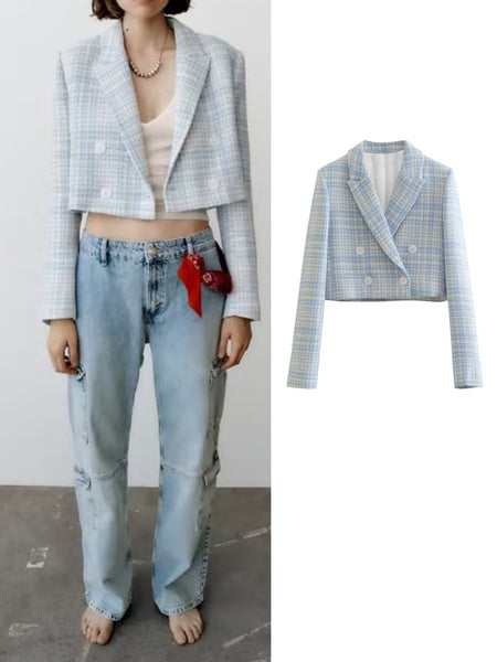 Women Slim Fit Plaid Tweed Short Blazer Retro Lapel Long Sleeves Double Breasted Female Outerwear Chic Top Mujer