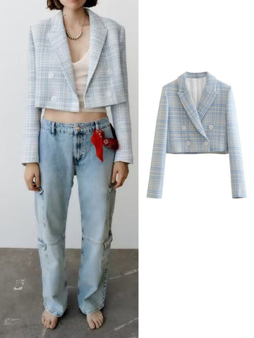 Women Slim Fit Plaid Tweed Short Blazer Retro Lapel Long Sleeves Double Breasted Female Outerwear Chic Top Mujer