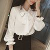 Women Solid Color Long Puff Sleeve Blouse Buttons Necktie Bowknot Shirt