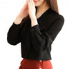 Women Solid Color Long Puff Sleeve Blouse Buttons Necktie Bowknot Shirt