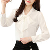 Women Solid Color Long Puff Sleeve Blouse Buttons Necktie Bowknot Shirt