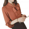 Women Solid Color Long Puff Sleeve Blouse Buttons Necktie Bowknot Shirt