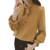 Women Solid Color Long Puff Sleeve Blouse Buttons Necktie Bowknot Shirt