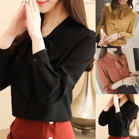 Women Solid Color Long Puff Sleeve Blouse Buttons Necktie Bowknot Shirt