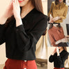 Women Solid Color Long Puff Sleeve Blouse Buttons Necktie Bowknot Shirt