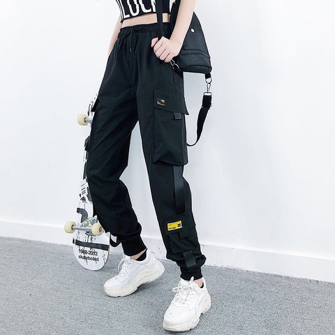Women Streetwear Cargo Pants Black Ankle Length Elastic Waist Joggers Female Loose Trousers Casual Plus Size Haren Pants