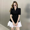 Women Summer Korean Vintage Short Sleeve Double Breasted Folds Jacket Coat Blazer Casual White Mini Skirt 2 Pieces Set