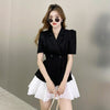 Women Summer Korean Vintage Short Sleeve Double Breasted Folds Jacket Coat Blazer Casual White Mini Skirt 2 Pieces Set