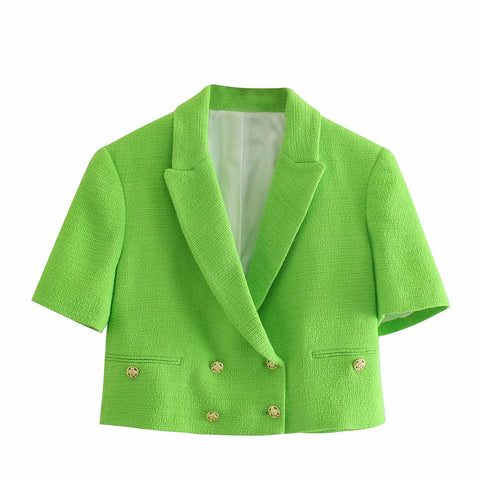 Women Tweed Double Breasted Blazers Short Coat Vintage Short Sleeve Female Outerwear And High Waist Casual Shorts