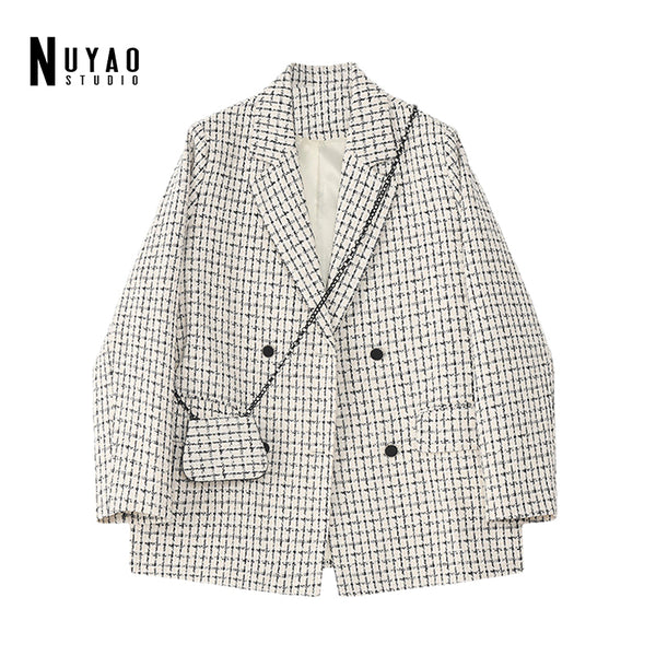 Women Tweed White Plaid With Bag Suit Oversized Blazer Lapel Notched Long Sleeve Loose Fit Jacket Autumn 2023 Female
