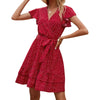 Women  V-neck Polka Dot Dress Stylish Short Sleeve Lace-up Dress for Ladies Female