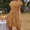 Women  V-neck Polka Dot Dress Stylish Short Sleeve Lace-up Dress for Ladies Female
