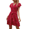 Women  V-neck Polka Dot Dress Stylish Short Sleeve Lace-up Dress for Ladies Female