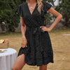 Women  V-neck Polka Dot Dress Stylish Short Sleeve Lace-up Dress for Ladies Female