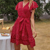 Women  V-neck Polka Dot Dress Stylish Short Sleeve Lace-up Dress for Ladies Female