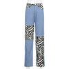 Women Y2K High Waist Striped Splicing Jeans Casual Pocket Zebra Print Long Pants Loose Full Length Jeans Streetwear