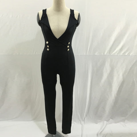 Women Fashion deep v-neck Rompers Women's Overall Sexy club party bodycon black white slim Sleeveless jumpsuit combinaison femme