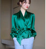Women Faux Silk Shirt waist tie with bowtie V-neck satin Blouses elegant Cardigan long-sleeved Stitching Tops with Belt 2022