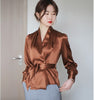 Women Faux Silk Shirt waist tie with bowtie V-neck satin Blouses elegant Cardigan long-sleeved Stitching Tops with Belt 2022