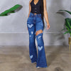 Women Flare Jeans Slim Trousers Ripped Heart Pattern Summer Autumn Solid Color All Match Denim Pants Streetwear