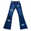 Women Flare Jeans Slim Trousers Ripped Heart Pattern Summer Autumn Solid Color All Match Denim Pants Streetwear