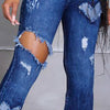 Women Flare Jeans Slim Trousers Ripped Heart Pattern Summer Autumn Solid Color All Match Denim Pants Streetwear