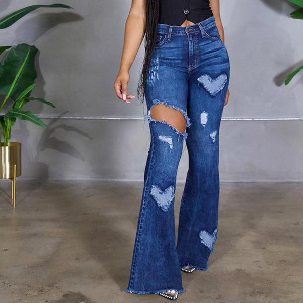 Women Flare Jeans Slim Trousers Ripped Heart Pattern Summer Autumn Solid Color All Match Denim Pants Streetwear