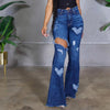 Women Flare Jeans Slim Trousers Ripped Heart Pattern Summer Autumn Solid Color All Match Denim Pants Streetwear