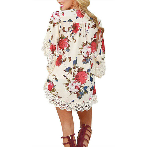 Women Floral Chiffon Blouses  Loose Shawl Kimono Cardigans Tops Boho Open Stitch Cardigan Shirts Beach Wear Blouse Summer