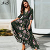 Women Floral Dress Summer High Split Dress Sexy V-neck Beach Boho Dress Three Quarter Sleeves Maxi Long Dresses Plus Size S-XXL