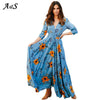 Women Floral Dress Summer High Split Dress Sexy V-neck Beach Boho Dress Three Quarter Sleeves Maxi Long Dresses Plus Size S-XXL