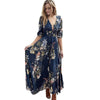 Women Floral Dress Summer High Split Dress Sexy V-neck Beach Boho Dress Three Quarter Sleeves Maxi Long Dresses Plus Size S-XXL