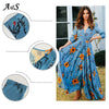 Women Floral Dress Summer High Split Dress Sexy V-neck Beach Boho Dress Three Quarter Sleeves Maxi Long Dresses Plus Size S-XXL