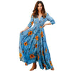Women Floral Dress Summer High Split Dress Sexy V-neck Beach Boho Dress Three Quarter Sleeves Maxi Long Dresses Plus Size S-XXL