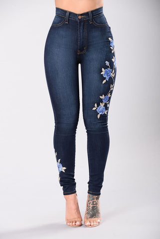 Women Floral High Waist Pencil Jeans Trousers Flower Girls Embroidered Fashion New Hot Denim Pants