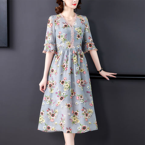 Women Floral Mulberry Silk Butterfly Sleeve Midi Dress Summer Boho Light Beach Dress 2023 Bodycon Elegant Party Vestidos