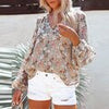 Women Floral Print Chiffon Blouses Spring Casual Lantern Sleeve Tops Loose Boho V Neck Shirts Streetwear Woman Blouses