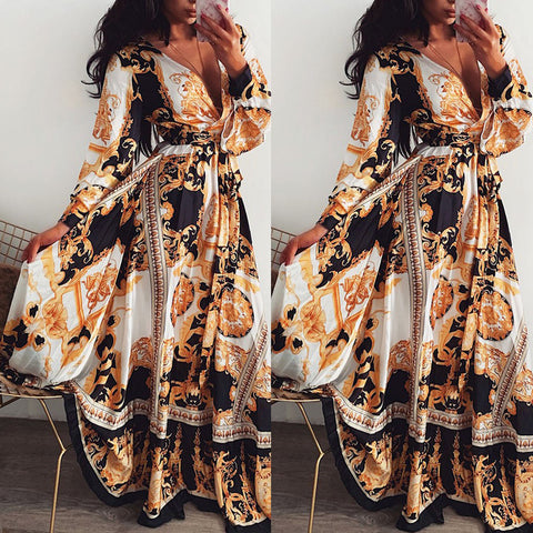 Women Floral Print Long Sleeve V-Neck Boho Dress Vintage Holiday Evening Party Dresses Loose Long Split Bandage Maxi Dress  New