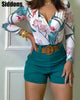 Women Floral Print Long Sleeve V Neck Top & Shorts Set Casual 2 Piece Set