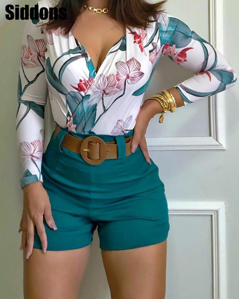 Women Floral Print Long Sleeve V Neck Top & Shorts Set Casual 2 Piece Set
