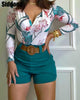 Women Floral Print Long Sleeve V Neck Top & Shorts Set Casual 2 Piece Set