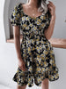 Women Floral Print Short Sleeve Summer Dress Elegant Puff Sleeve Ruffles V-Neck Elastic Waist Beach Dresses 2023 Casual Dress