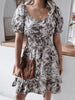 Women Floral Print Short Sleeve Summer Dress Elegant Puff Sleeve Ruffles V-Neck Elastic Waist Beach Dresses 2023 Casual Dress