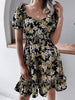 Women Floral Print Short Sleeve Summer Dress Elegant Puff Sleeve Ruffles V-Neck Elastic Waist Beach Dresses 2023 Casual Dress