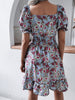 Women Floral Print Short Sleeve Summer Dress Elegant Puff Sleeve Ruffles V-Neck Elastic Waist Beach Dresses 2023 Casual Dress