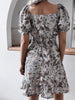 Women Floral Print Short Sleeve Summer Dress Elegant Puff Sleeve Ruffles V-Neck Elastic Waist Beach Dresses 2023 Casual Dress