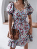 Women Floral Print Short Sleeve Summer Dress Elegant Puff Sleeve Ruffles V-Neck Elastic Waist Beach Dresses 2023 Casual Dress