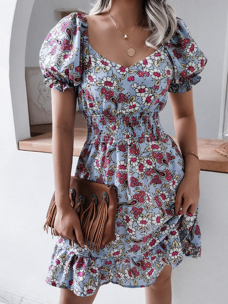 Women Floral Print Short Sleeve Summer Dress Elegant Puff Sleeve Ruffles V-Neck Elastic Waist Beach Dresses 2023 Casual Dress