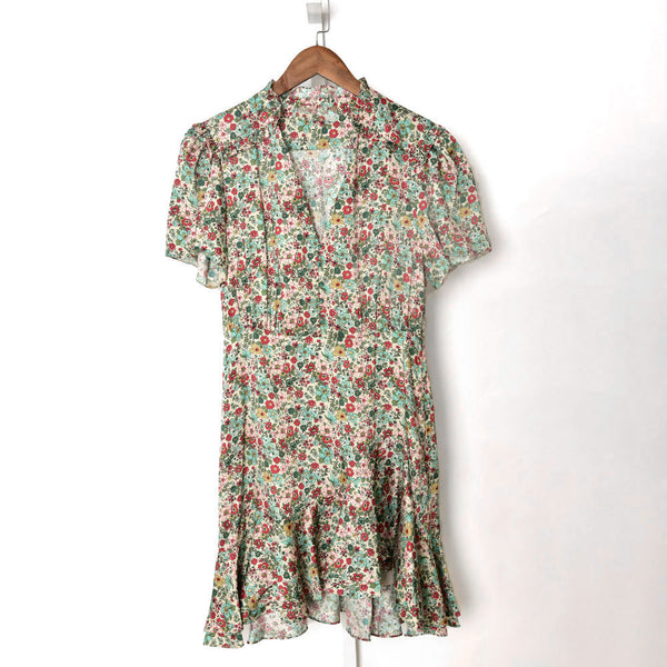 Women Floral Printed Mini Dress Hem Ruffles High Waist Short Sleeve Buttons Summer Female V-Neck Robe
